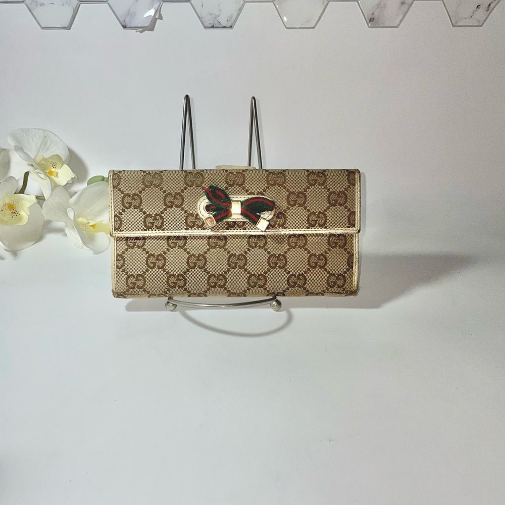 Gucci GG Logo Canvas Leather Trim Continental Wallet